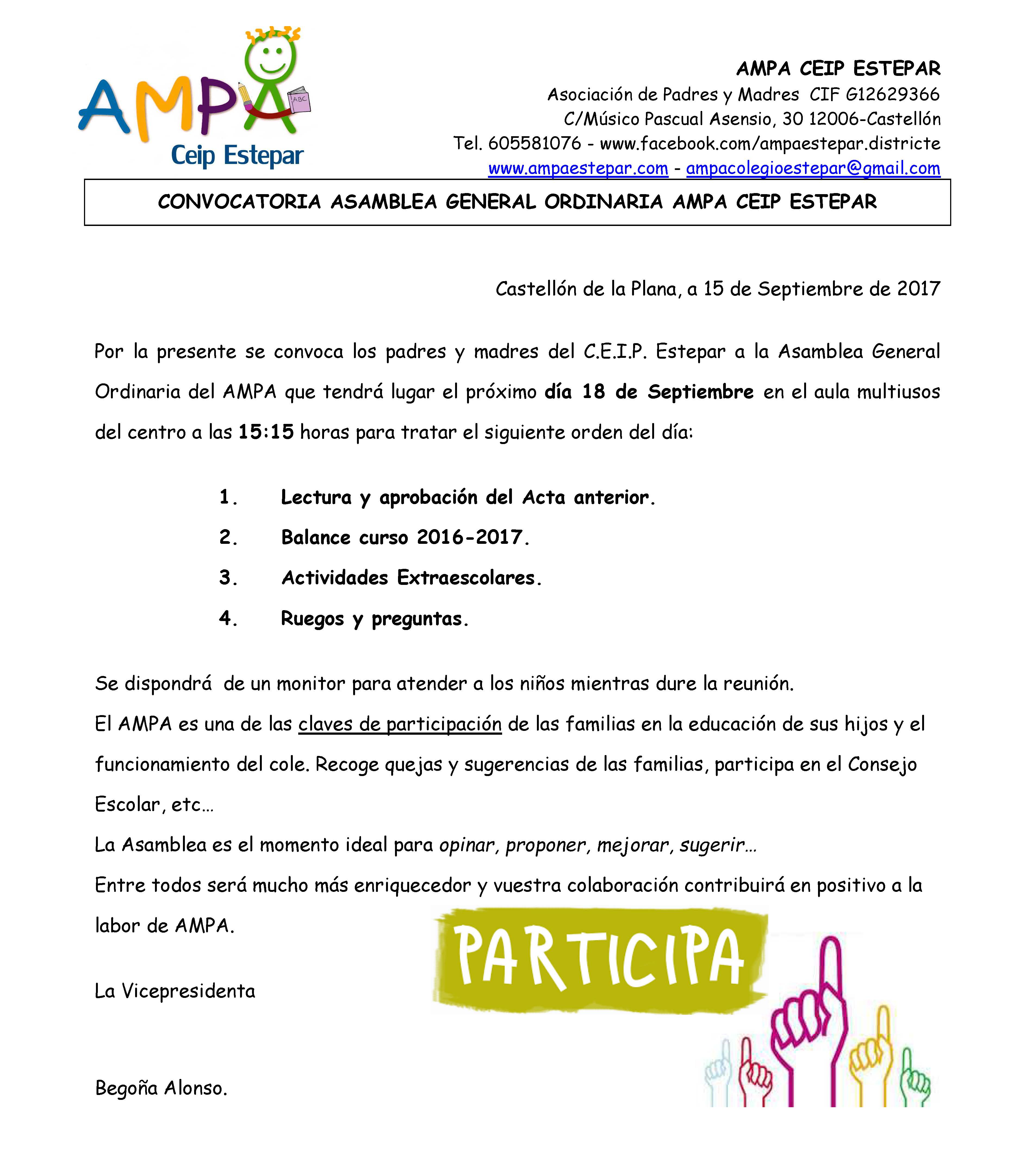 Convocatoria Asamblea General Ordinaria – Ampa Ceip Estepar